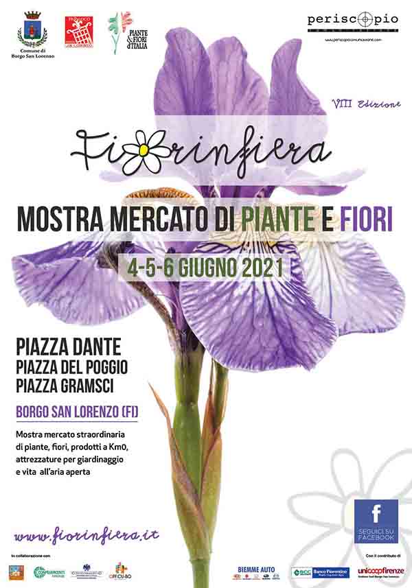 Manifesto Mostra Mercato di fiori e piante Fiorinfiera a Borgo San Lorenzo Giugno 2021