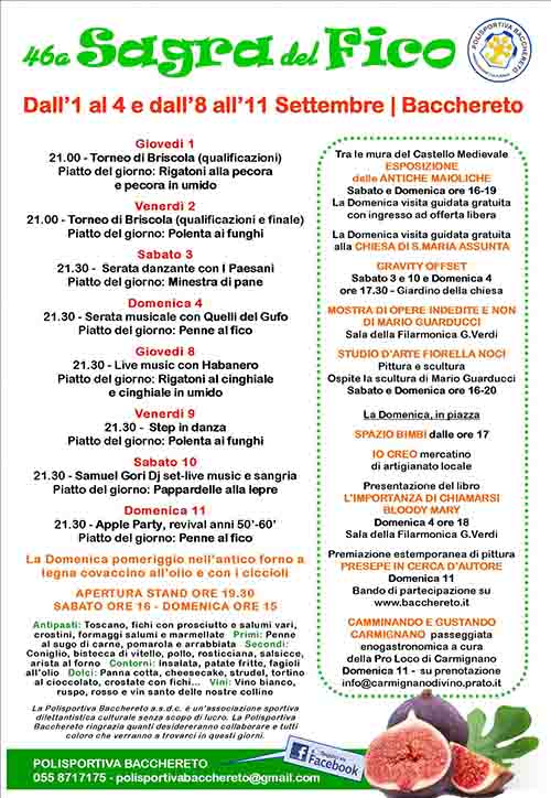 Programma Sagra del Fico 2022 a Bacchereto a Carmignano - dal 1 a 11 settembre