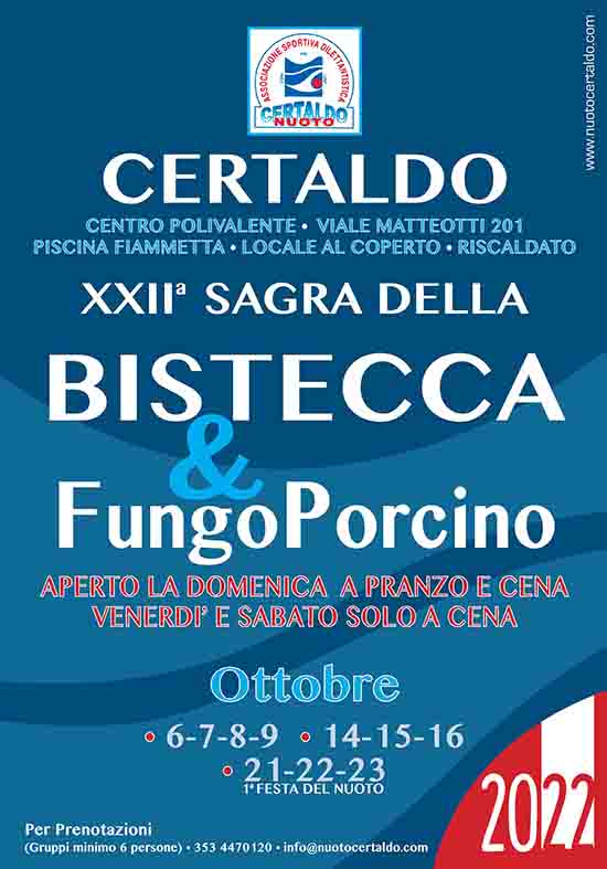 Manifesto Sagra della Bistecca e del Fungo Porcino 2022 a Certaldo da 6 al 23 ottobre