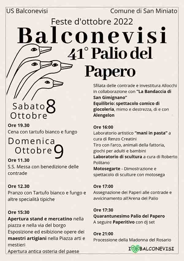 Programma Palio Palio del Papero 2022 a Balconevisi San Miniato 8 e 9 ottobre 2022