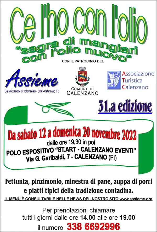 Manifesto Sagra a Calenzano Ce l'ho con l'olio 2022 - Dal 12 a 20 novembre - Firenze