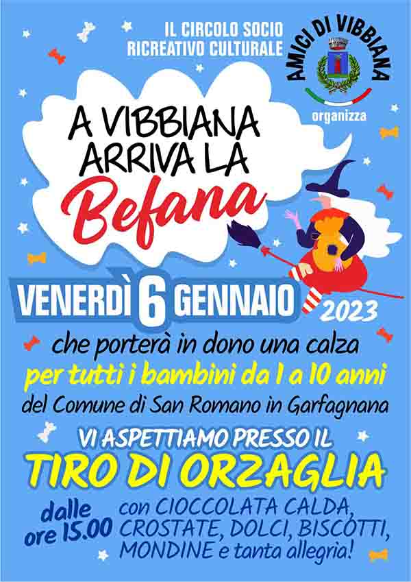 Manifesto Festa Befana 2023 a Vibbiana San Romano in Garfagnana - 6 Genaio 2023