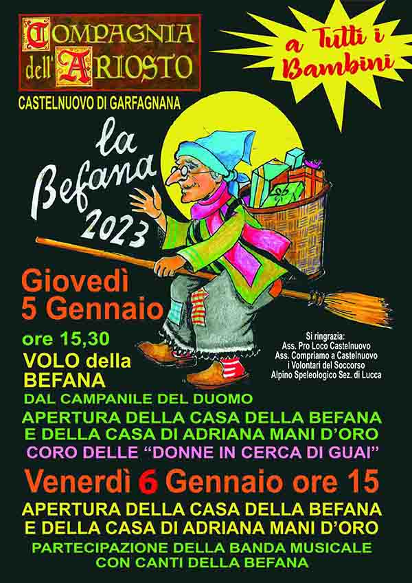 Manifesto Festa della Befana a Castelnuovo di Garfagnana 6 gennaio 2023