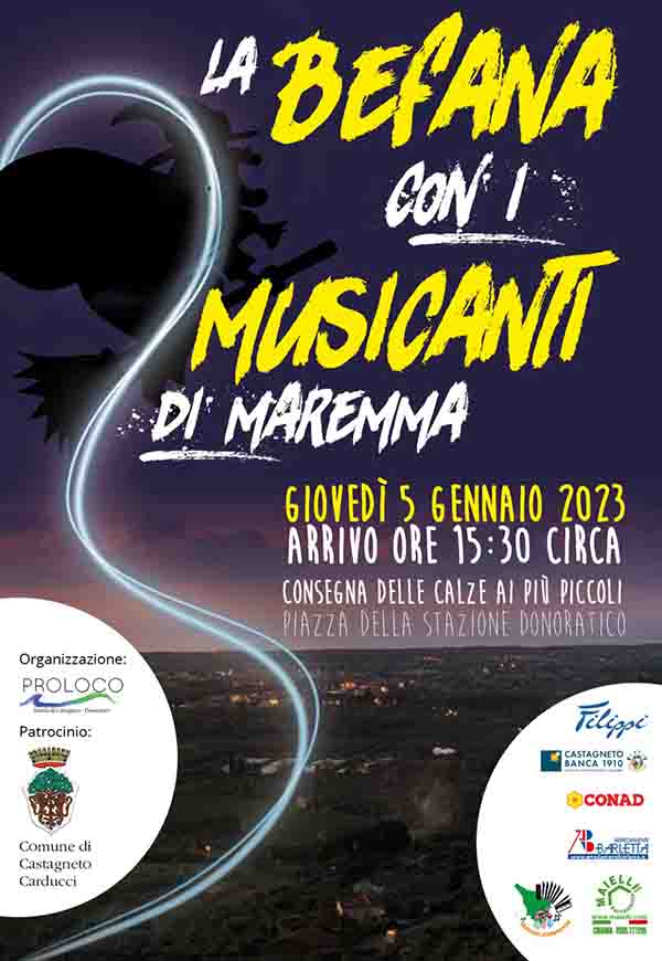 Manifesto La Befana a Donoratico Castagneto Carducci giovedì 5 Gennaio 2023 - Provincia Livorno