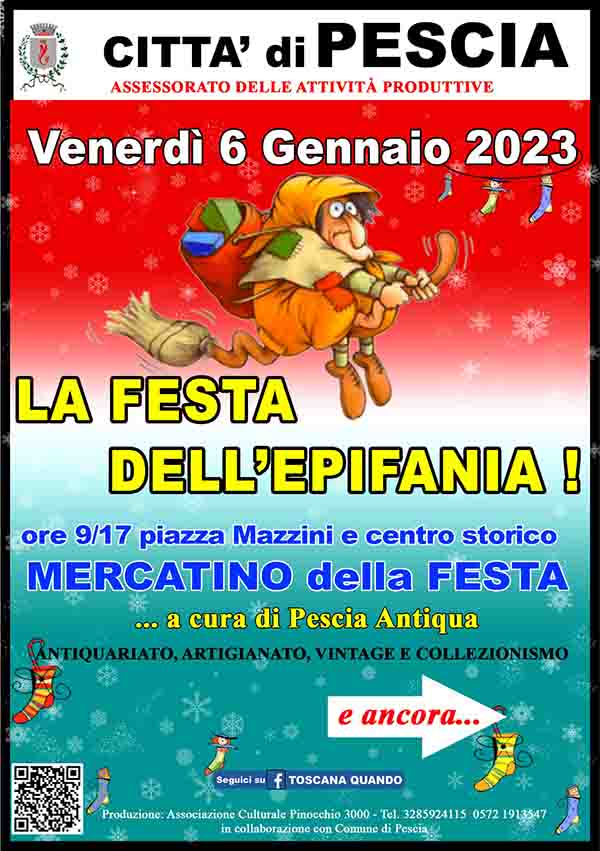 Manifesto della Festa della Befana e Mercatino a Pescia 6 Gennaio 2023