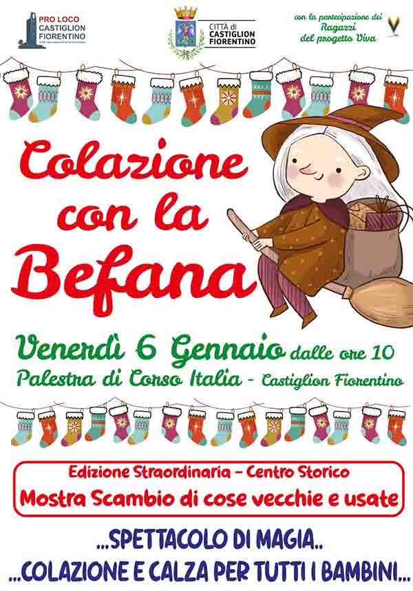 Manifesto Festa della Befana a Castiglion Fiorentino 6 Gennaio 2023 - Colazione con la Befana